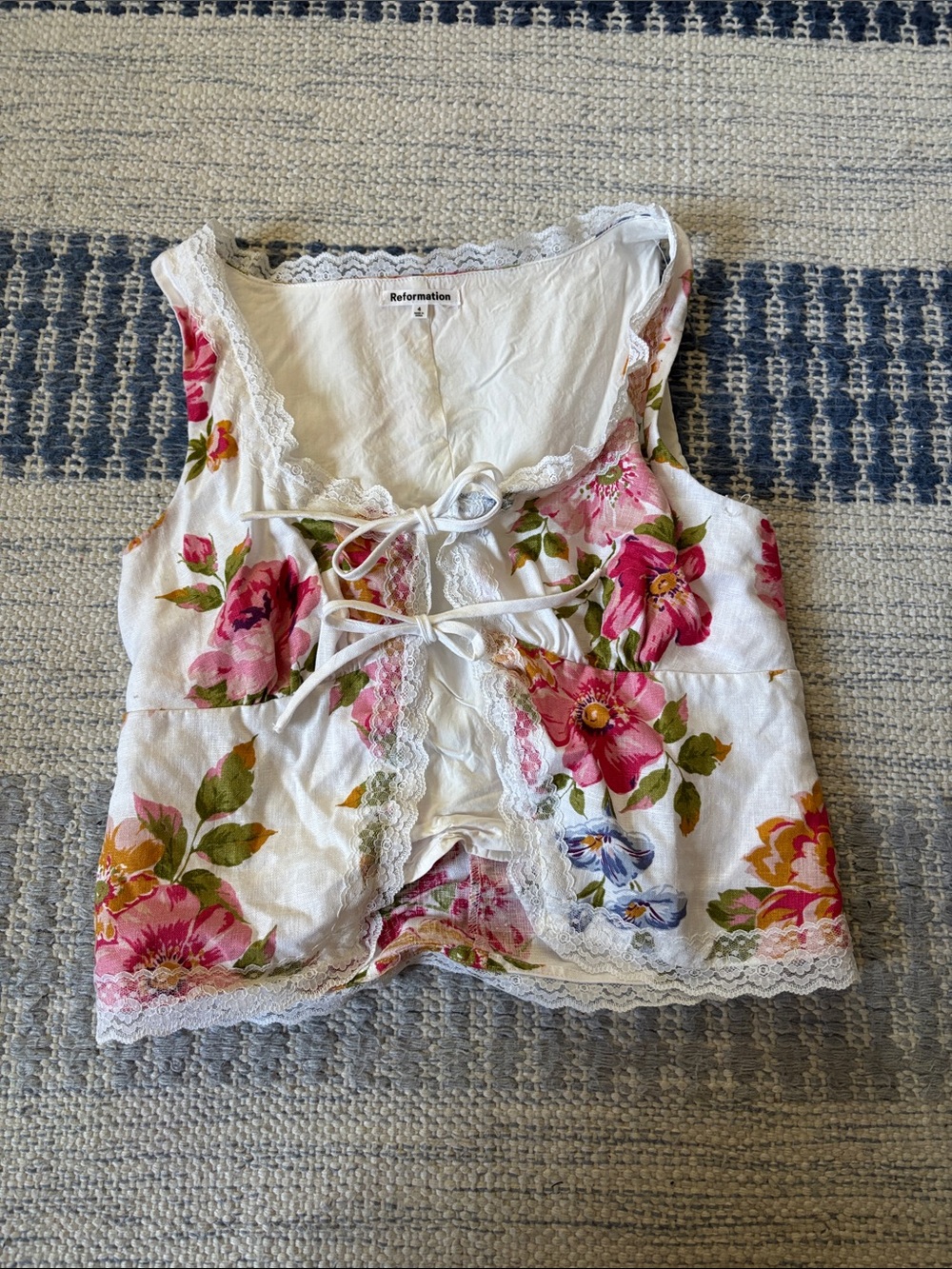 Reformation White Floral Lace-Up Camisole - Pink & Green Accents